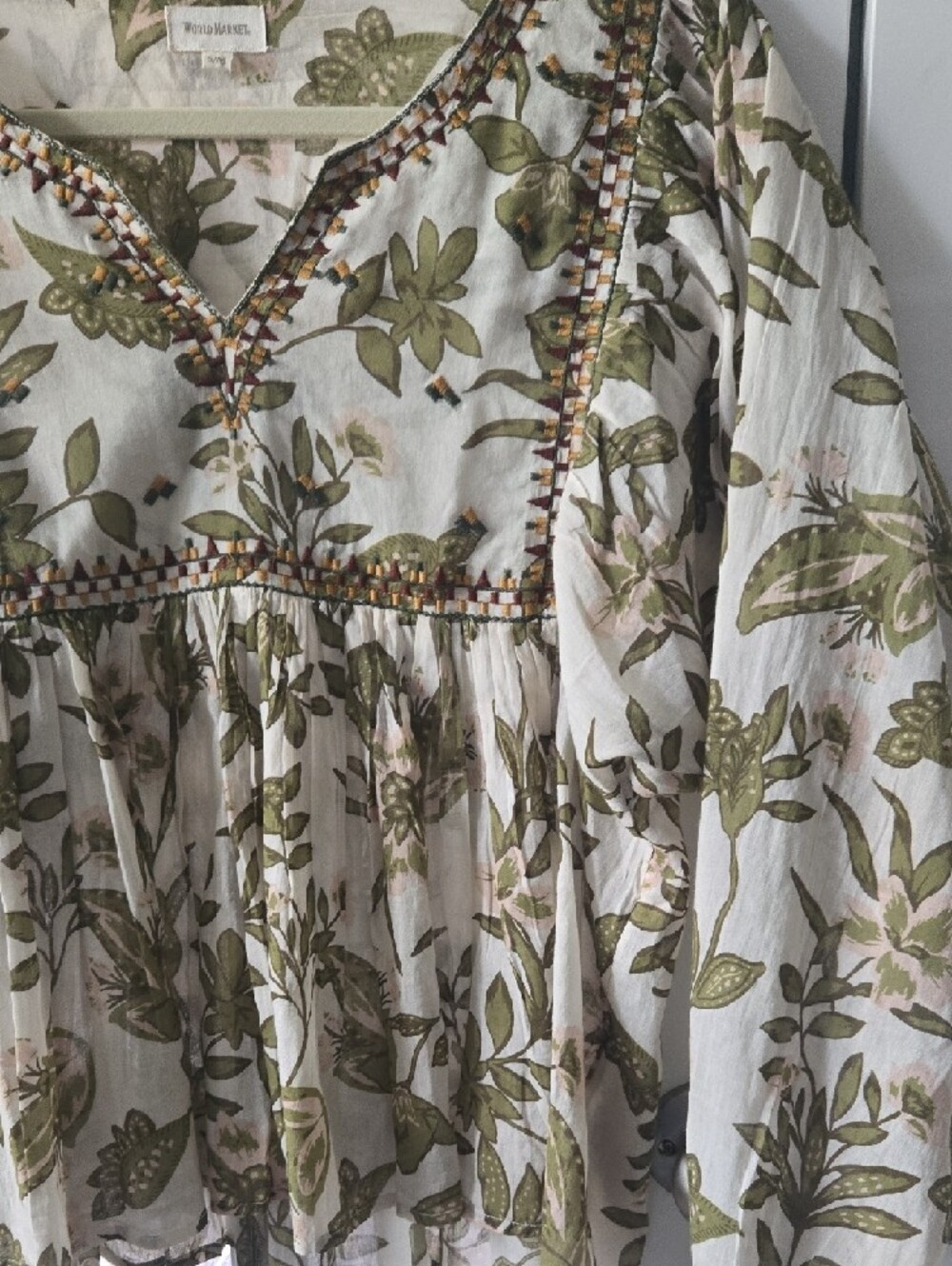 Cost Plus World Market Cream and Olive Green Floral Peasant Blouse - Picture 3 of 4